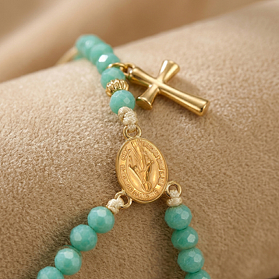Faceted Rondelle Glass 2-Strand Braided Bead Bracelets with 314 Stainless Steel Religion Cross for Women UB2798-1