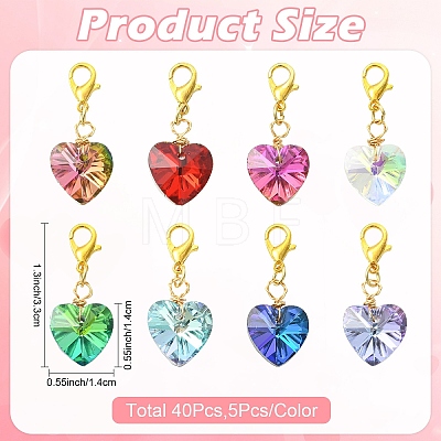 40Pcs 8 Colors Heart Glass Pendant Decorations HJEW-YW00402-1