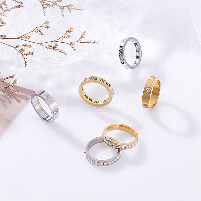 ANATTASOUL 6Pcs 6 Style 201 Stainless Steel Hollow Roman Numerals Finger Ring Set with Rhinestone RJEW-AN0001-21-1