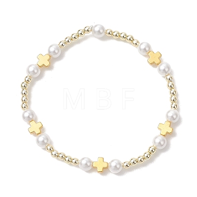 Round & Cross Shell Pearl & Non-magnetic Synthetic Hematite Beads Stretch Bracelets for Women BJEW-JB13100-1