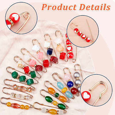  ® 16Pcs 16 Style Resin Imitation Gemstone & Crystal Rhinestone Beaded Safety Pin Brooches JEWB-PH0001-27-1