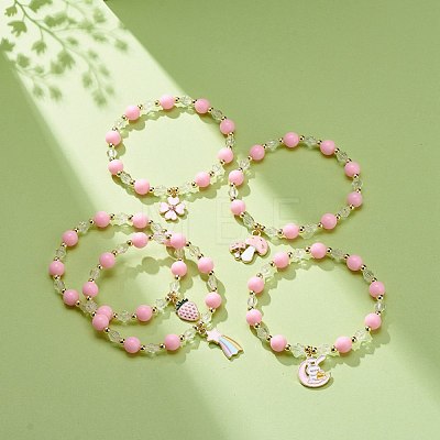 Pink Acrylic & Synthetic Hematite Beaded Stretch Bracelet with Alloy Enamel Charms for Women BJEW-JB08726-1