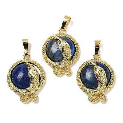 Dyed Natural Lapis Lazuli Flat Round Shaped Brass Pendants KK-F887-03G-32-1