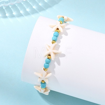 Synthetic Turquoise & Brass Beads Stretch Bracelets for Women Men BJEW-JB13877-03-1