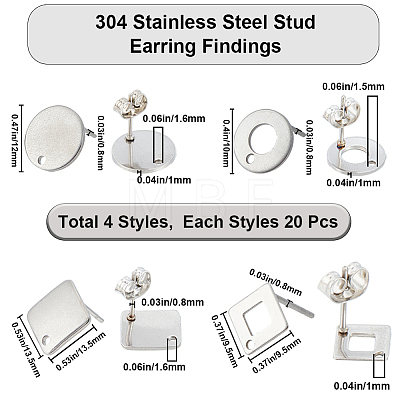 SUNNYCLUE 80Pcs 4 Styles Rhombus & Flat Round & Donut Stainless Steel Stud Earring Findings STAS-SC0006-59-1