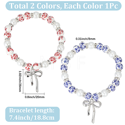 2Pcs 2 Colors Printed Porcelain & Glass Pearl Beaded Stretch Bracelets for Women BJEW-PA0001-11-1