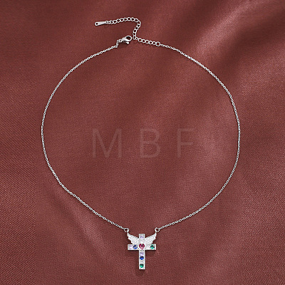 Brass Pave Colorful Cubic Zirconia Cross with Angel Wings Pendant Necklaces for Women WGF2102-02-1