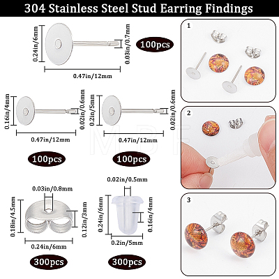 SUNNYCLUE 300Pcs 3 Style 304 Stainless Steel Flat Round Blank Peg Earring Posts STAS-SC0007-32-1