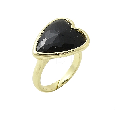 Heart Brass Natural Obsidian Finger Rings RJEW-D304-01G-G-1