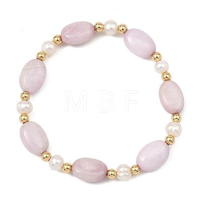 Natural Kunzite & Cultured Freshwater Pearl & Brass Beaded Strtetch Bracelets for Women BJEW-JB14124-02-1