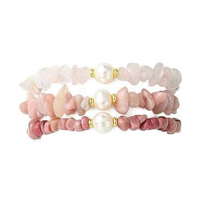 3Pcs 3 Styles Natural Mixed Gemstone Chip & Cultured Freshwater Pearl Beaded Stretch Bracelets Set for Women BJEW-JB13762-04-1