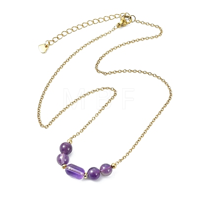 Natural Mixed Gemstone Column Round Beaded Pendant 304 Stainless Steel Cable Chains Necklaces for Women NJEW-JN06094-1