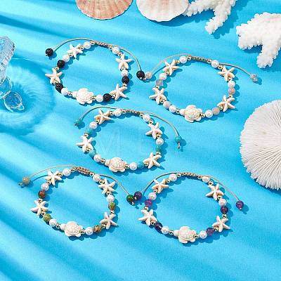 6mm Round Gemstone & Shell Pearl Braided Beaded Bracelets BJEW-JB10321-1