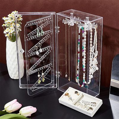 Rectangle Plastic Jewelry Organizer Storage Box with 24 Hooks OBOX-WH0001-06-1