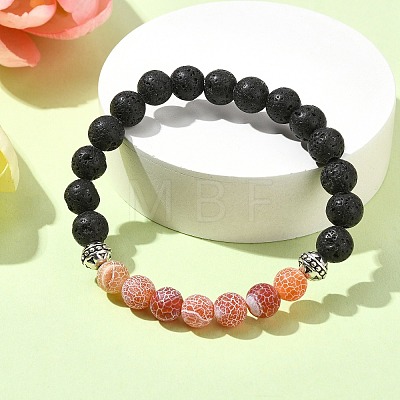 Natural Dyed Crackle Agate & Lava Rock Round Beaded Stretch Bracelet BJEW-TA00444-03-1