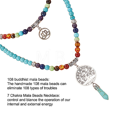 Synthetic Turquoise Bullet & Alloy Tree & Lotus Stone Pendant Necklace NJEW-AB00016-01-1