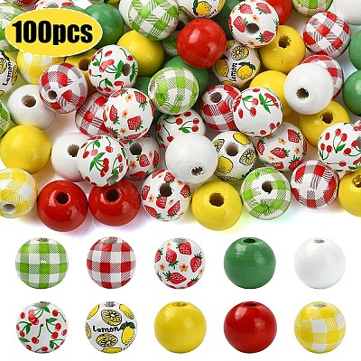 100Pcs 10 Styles Spray Painted Round Natural Schima Wood Beads WOOD-YW0001-85-1