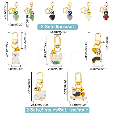 4 Sets 2 Style Natural Gemstone Heart & Enamel Dog Brass Bell Pendant Decorations HJEW-GA0001-39-1