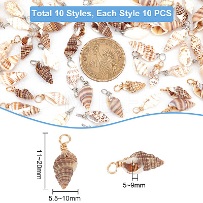 100Pcs 10 Styles Natural Shell Pendants PALLOY-AB00159-1