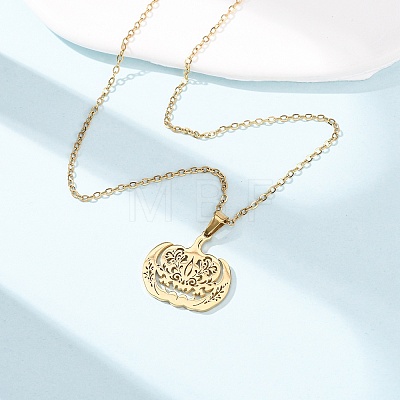 Halloween 304 Stainless Steel Hollow Floral Pumpkin Pendant Cable Chain Necklaces for Men Women NJEW-K308-09G-1