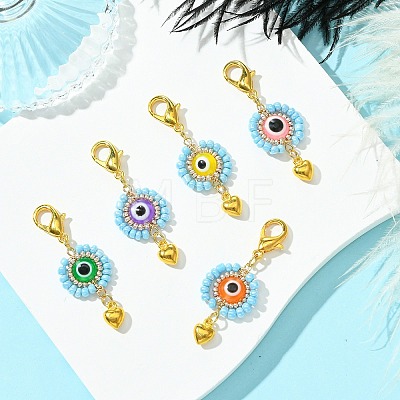 Flat Round with Evil Eye Resin & Glass Seed Pendant Decorations HJEW-MZ00095-01-1