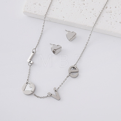 304 Stainless Steel Stud Heart Earrings & Letter LOVE Necklaces Sets for Women ZF6190-1-1