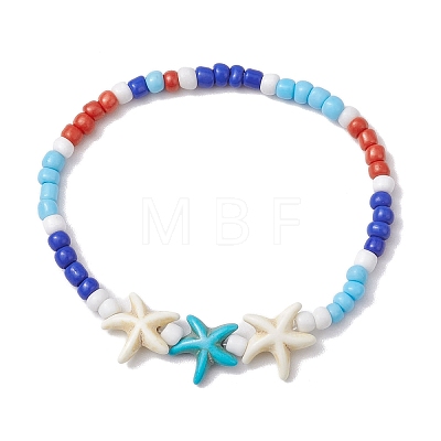 Summer Beach Starfish Synthetic Turquoise & Pearl Bracelet Sets BJEW-JB10347-01-1