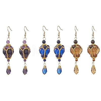 Natural Tiger Eye & Natural Lapis Lazuli & Natural Amethyst & Glass Beaded Dangle Earrings EJEW-MZ00686-1