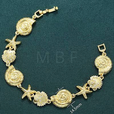 Summer Beach Brass Micro Pave Clear Cubic Zirconia Starfish & Shell Shape Link Chain Bracelets LS-BJEW-C118-02A-G-1
