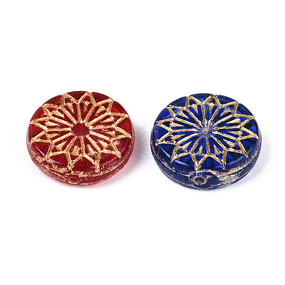 Flat Round with Flower Glass Beads GLAA-T025-74M-1