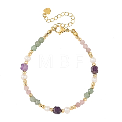 Natural Mixed Gemstone Faceted Round and Cube Beaded Bracelets with Natural Pearl & Brass End Chains BJEW-JB14336-02-1