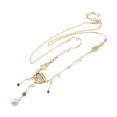 Chinese Brass Micro Pave Clear Cubic Zirconia and Imitation Pearl Gourd Shape and Square Pendant Necklaces with Natural Lapis Lazuli & Aquamarine Beads Tassel AJEW-H158-05G-1