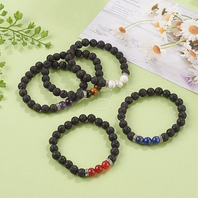 Round Natural Lava Rock Beaded Stretch Bracelets BJEW-JB05506-1