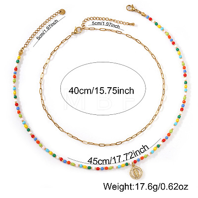 Boho Brass Crystal Rhinestone Religion Virgin Pendant Rainbow Glass Seed Beaded Double Layer Necklaces with Stainless Steel Paperclip Chains EI6810-1-1