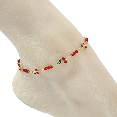 Brass Glass and Enamel Red Cherry Link Chain Anklets for Women AJEW-AN00814-1