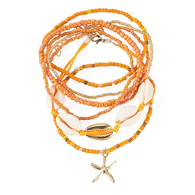 2 Bags Summer Beach Glass Seed Beaded & Natural Shell & Alloy Starfish Charm Anklet Sets AJEW-TA0003-69C-1