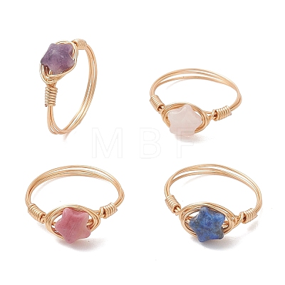Golden Tone Copper Wire Wrapped Natural Gemstone Finger Rings RJEW-JR00983-1