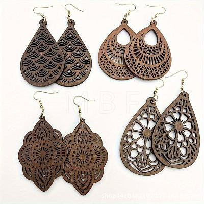 4 Pairs Wood Dangle Earrings FS-WGCC0C4-01-1