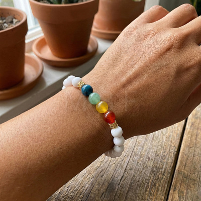 Round Natural Mixed Stone and Acrylic Imitation Pearl Beaded Stretch Bracelets for Women CO7250-1