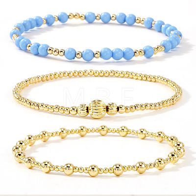 3Pcs Glass & Brass Round Beads Stretch Bracelets HD9470-3-1