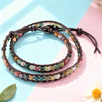 Natural Indian Agate Round Beaded Bracelets BJEW-WH20001-14A-1