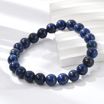 Natural Lapis Lazuli Round Beaded Stretch Bracelet BJEW-F203-06-1