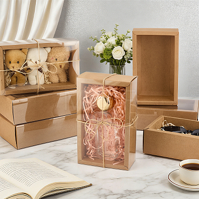 Rectangle Folding Cardboard Kraft Paper Packing Drawer Boxes with Clear Plastic Cover CON-WH0100-57B-1
