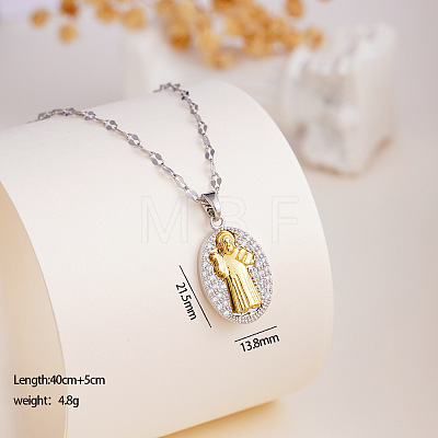 Two Tone Brass Micro Pave Clear Cubic Zirconia Religion Oval with Saint Benedict Pendant Necklaces with 304 Stainless Steel Dapped Chains for Women WGEFA72-03-1