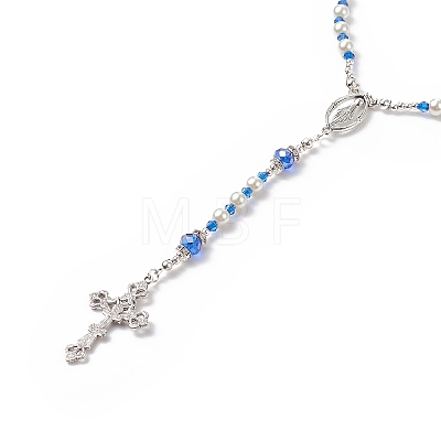 Glass Pearl & Acrylic Rosary Bead Necklace NJEW-TA00041-01-1