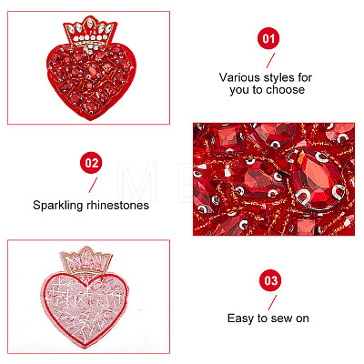 GOMAKERER 4Pcs 4 Style Heart Shape Rhinestone Appliques PATC-GO0001-05-1