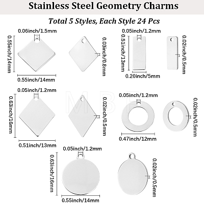 120Pcs 5 Styles 201 Stainless Steel Pendants STAS-BBC0010-50-1