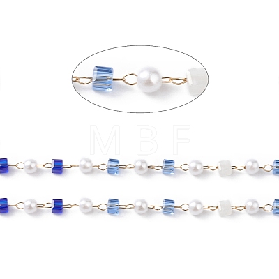 Cube & Round Glass & ABS Imitation Pearl Beaded Chains CHS-P016-43G-05-1