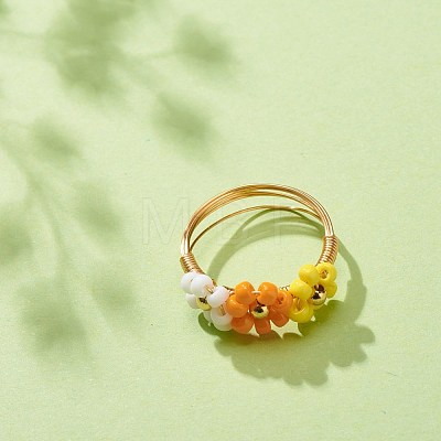 Glass Seed Braided Bead Flower Finger Rings RJEW-TA00054-03-1