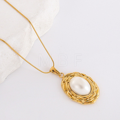 Chic Design Oval Stainless Steel with Imitation Pearl Pendant Necklaces for Women AA0012-1